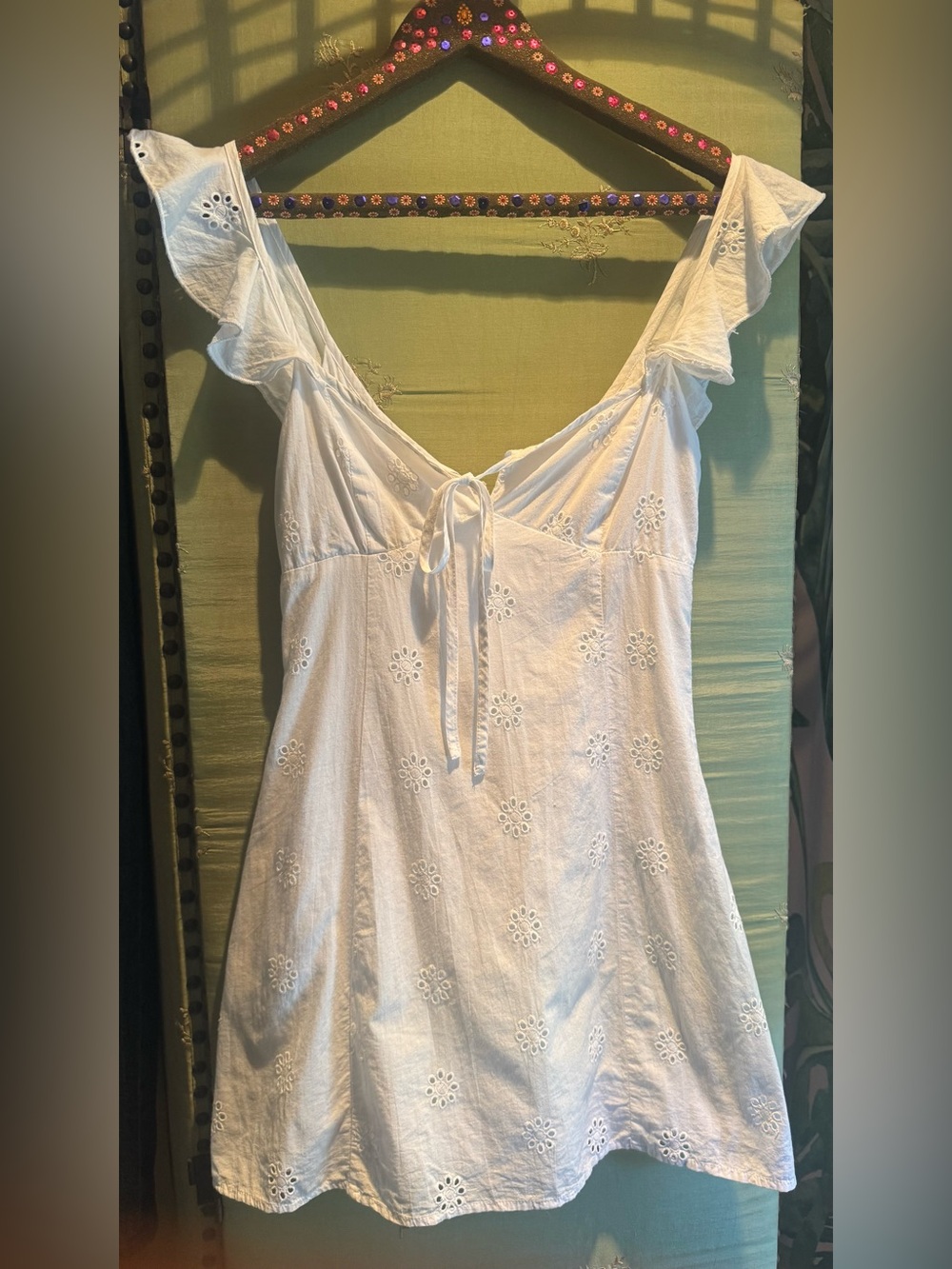 White Eyelet Tie-Front Mini Dress organic cotton xs